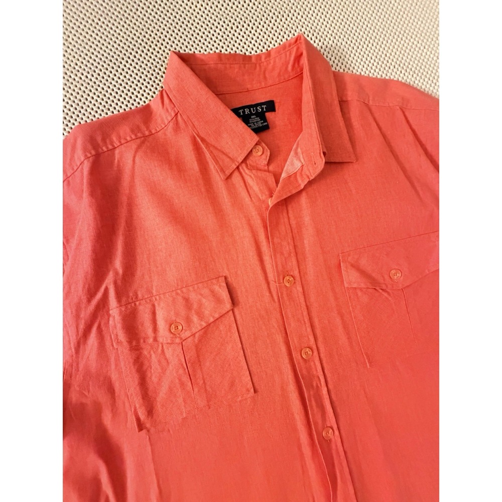 NEW TRUST‎ Linen Shirt Button Down Men Size 2X Orange Short Sleeve Front Pockets